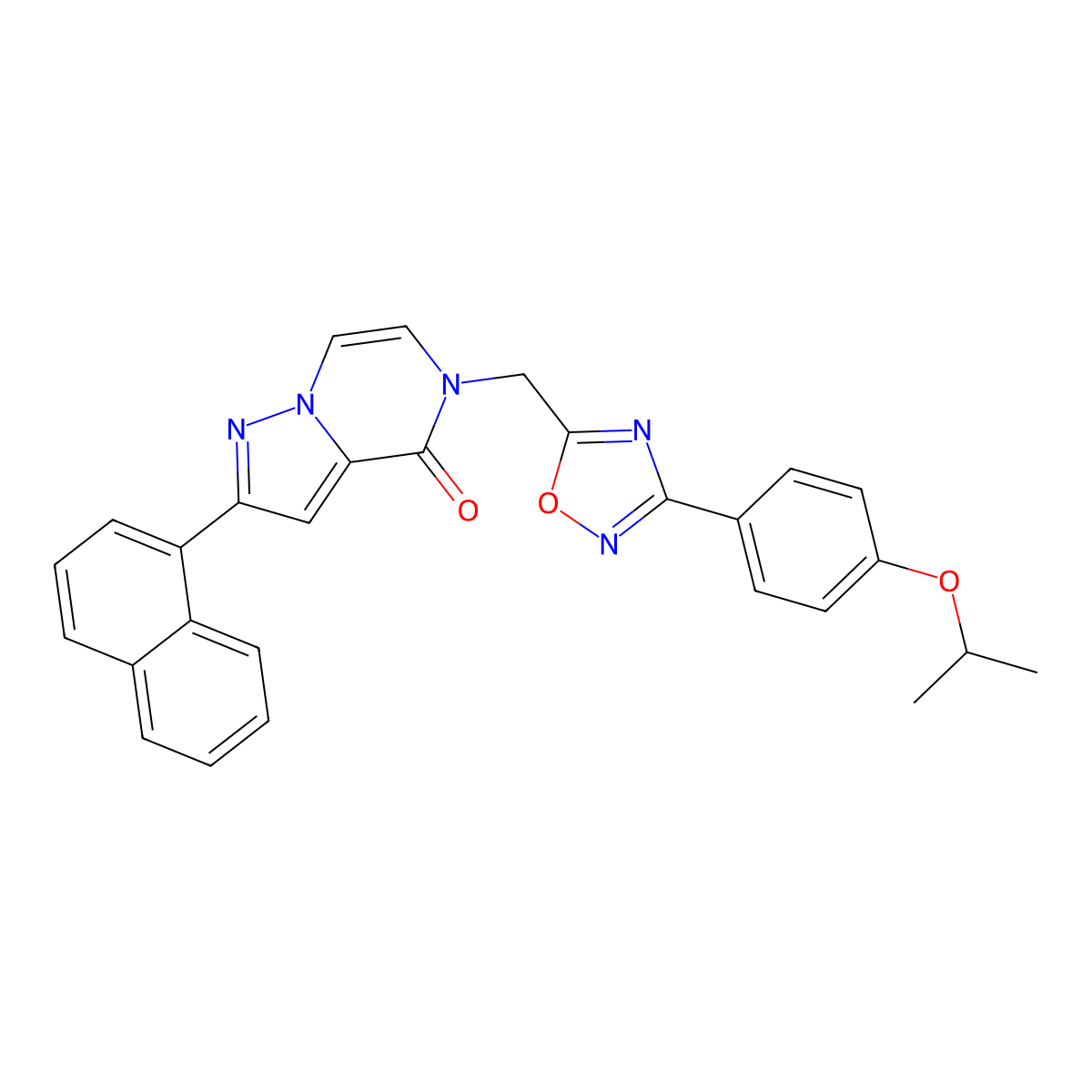 2-(naphthalen-1-yl)-5-({3-[4-(propan-2-yloxy)phenyl]-1,2,4-oxadiazol-5-yl}methyl)-4H,5H-pyrazolo[1,5-a]pyrazin-4-one molecular structure, CAS 1207004-22-5