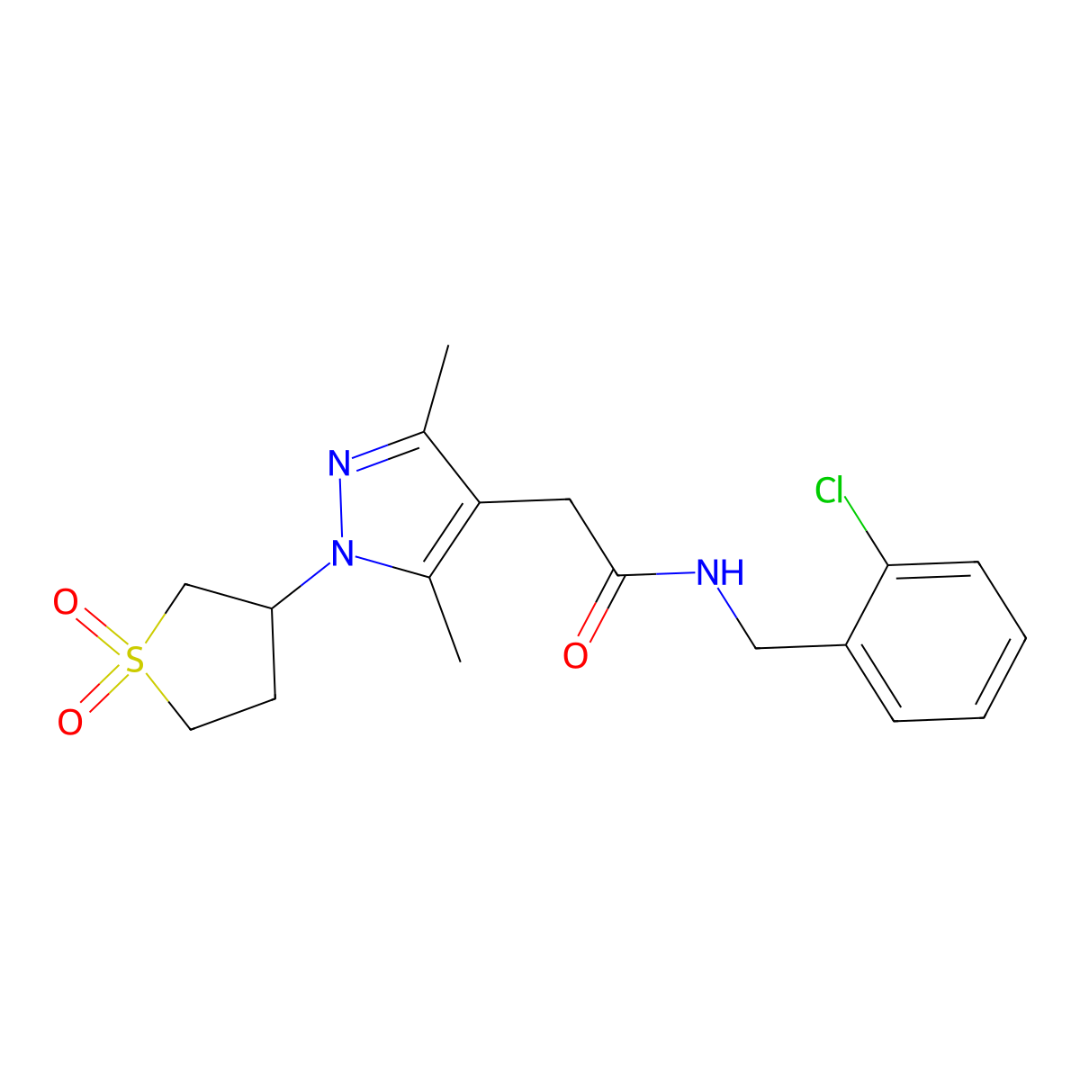N-(2-chlorobenzyl)-2-(1-(1,1-dioxidotetrahydrothiophen-3-yl)-3,5-dimethyl-1H-pyrazol-4-yl)acetamide molecular structure, CAS 1207004-34-9