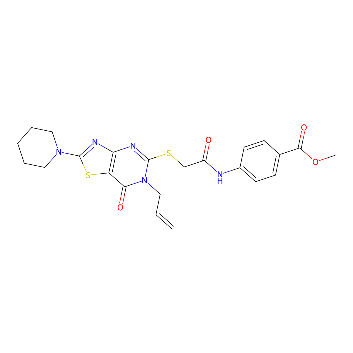 Methyl 4-(2-((6-allyl-7-oxo-2-(piperidin-1-yl)-6,7-dihydrothiazolo[4,5-d]pyrimidin-5-yl)thio)acetamido)benzoate molecular structure, CAS 1207004-48-5
