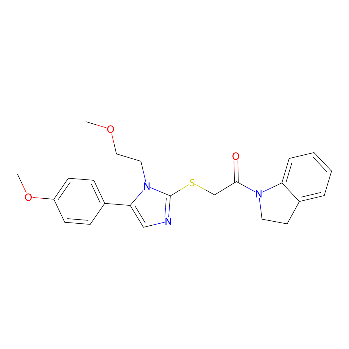 1-(indolin-1-yl)-2-((1-(2-methoxyethyl)-5-(4-methoxyphenyl)-1H-imidazol-2-yl)thio)ethanone molecular structure, CAS 1207004-74-7