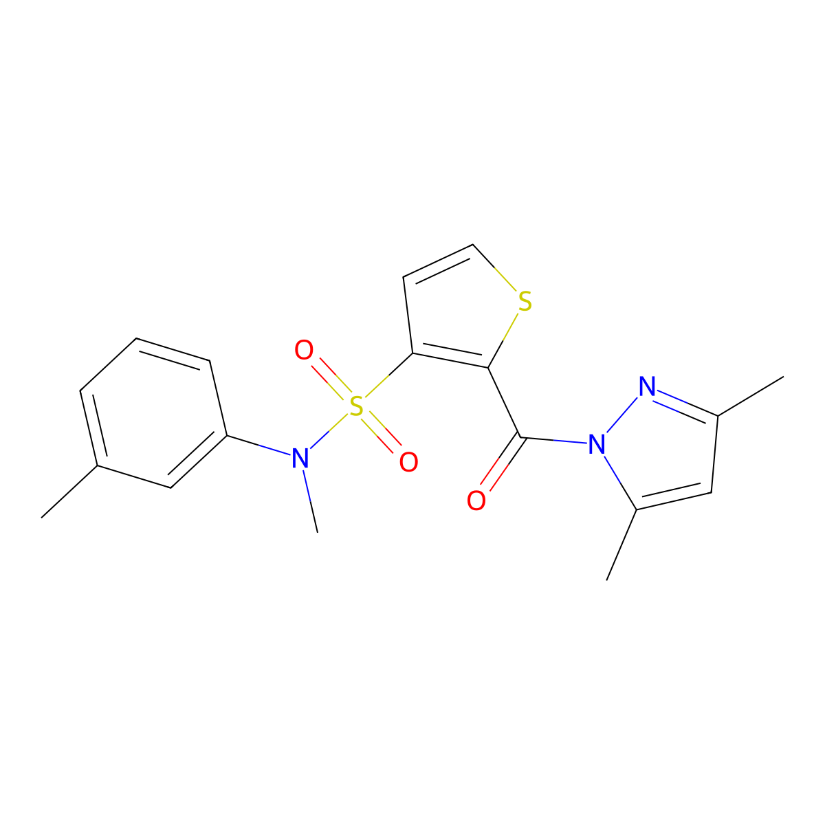 2-(3,5-dimethyl-1H-pyrazole-1-carbonyl)-N-methyl-N-(3-methylphenyl)thiophene-3-sulfonamide molecular structure, CAS 1207004-75-8