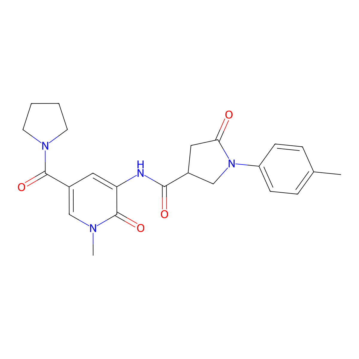 N-(1-methyl-2-oxo-5-(pyrrolidine-1-carbonyl)-1,2-dihydropyridin-3-yl)-5-oxo-1-(p-tolyl)pyrrolidine-3-carboxamide molecular structure, CAS 1207004-82-7