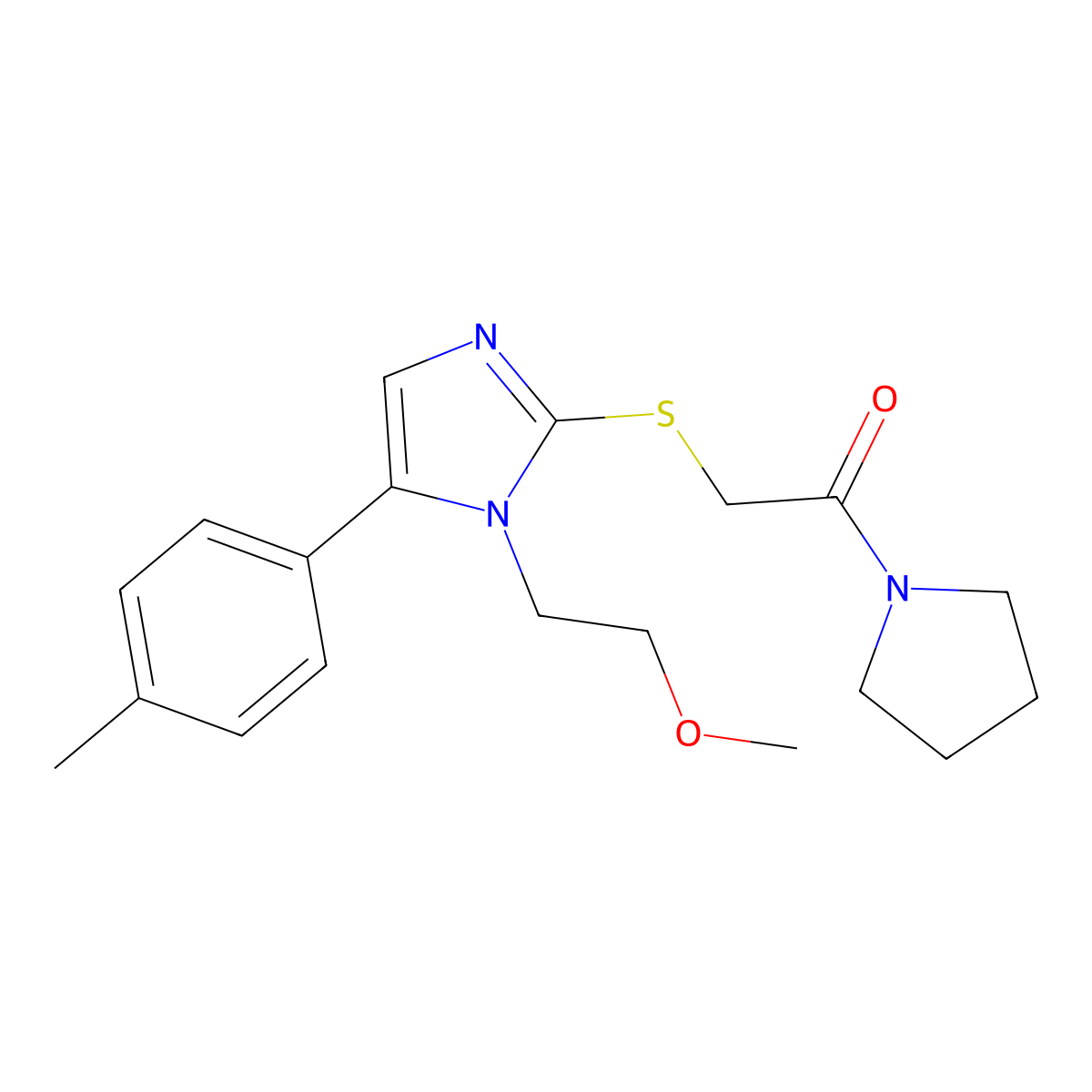 2-((1-(2-methoxyethyl)-5-(p-tolyl)-1H-imidazol-2-yl)thio)-1-(pyrrolidin-1-yl)ethanone molecular structure, CAS 1207004-87-2