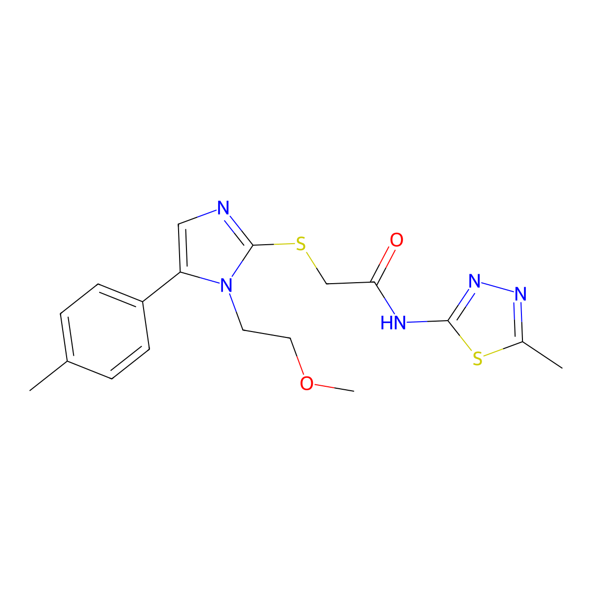 2-((1-(2-methoxyethyl)-5-(p-tolyl)-1H-imidazol-2-yl)thio)-N-(5-methyl-1,3,4-thiadiazol-2-yl)acetamide molecular structure, CAS 1207004-92-9