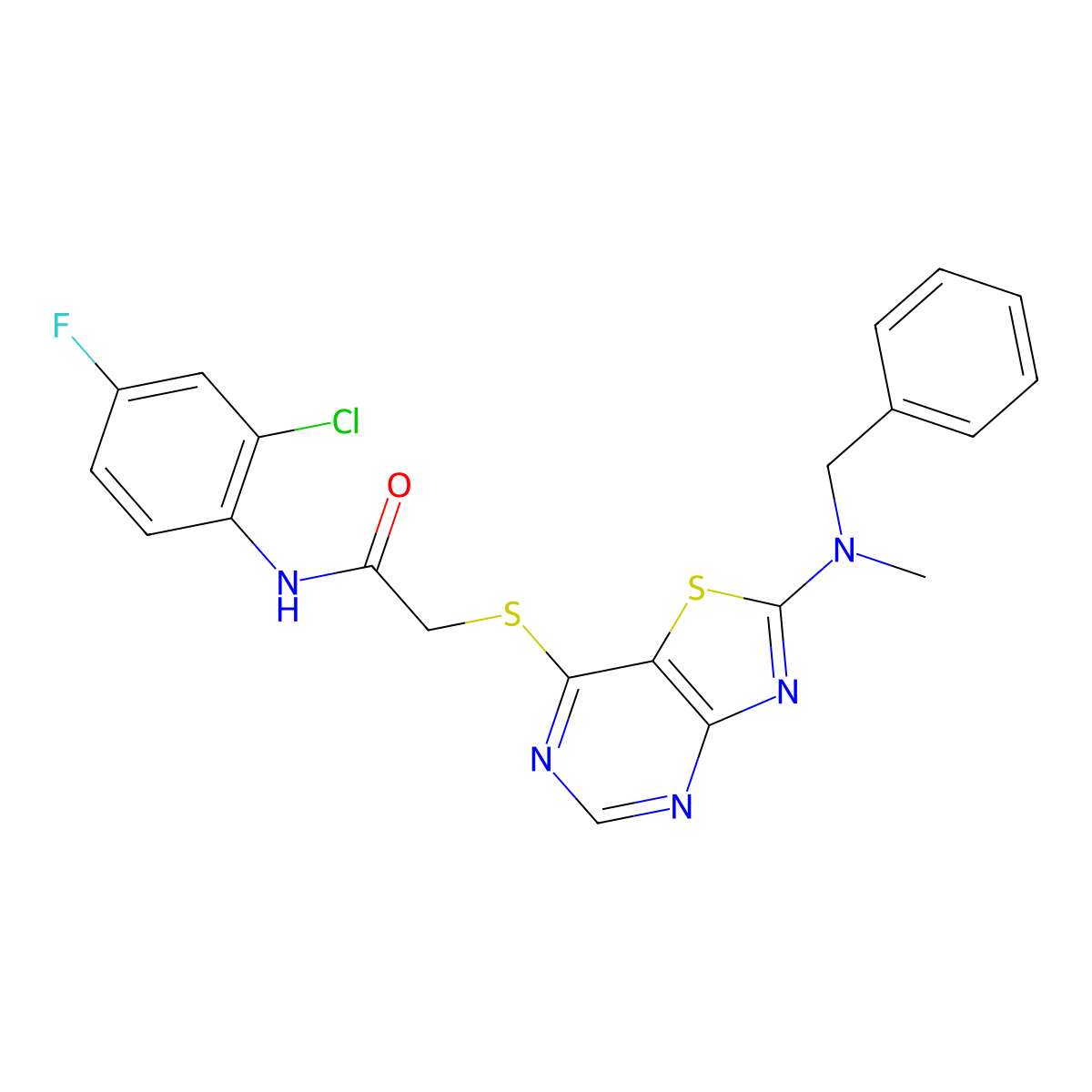 2-({2-[benzyl(methyl)amino]-[1,3]thiazolo[4,5-d]pyrimidin-7-yl}sulfanyl)-N-(2-chloro-4-fluorophenyl)acetamide molecular structure, CAS 1207004-99-6