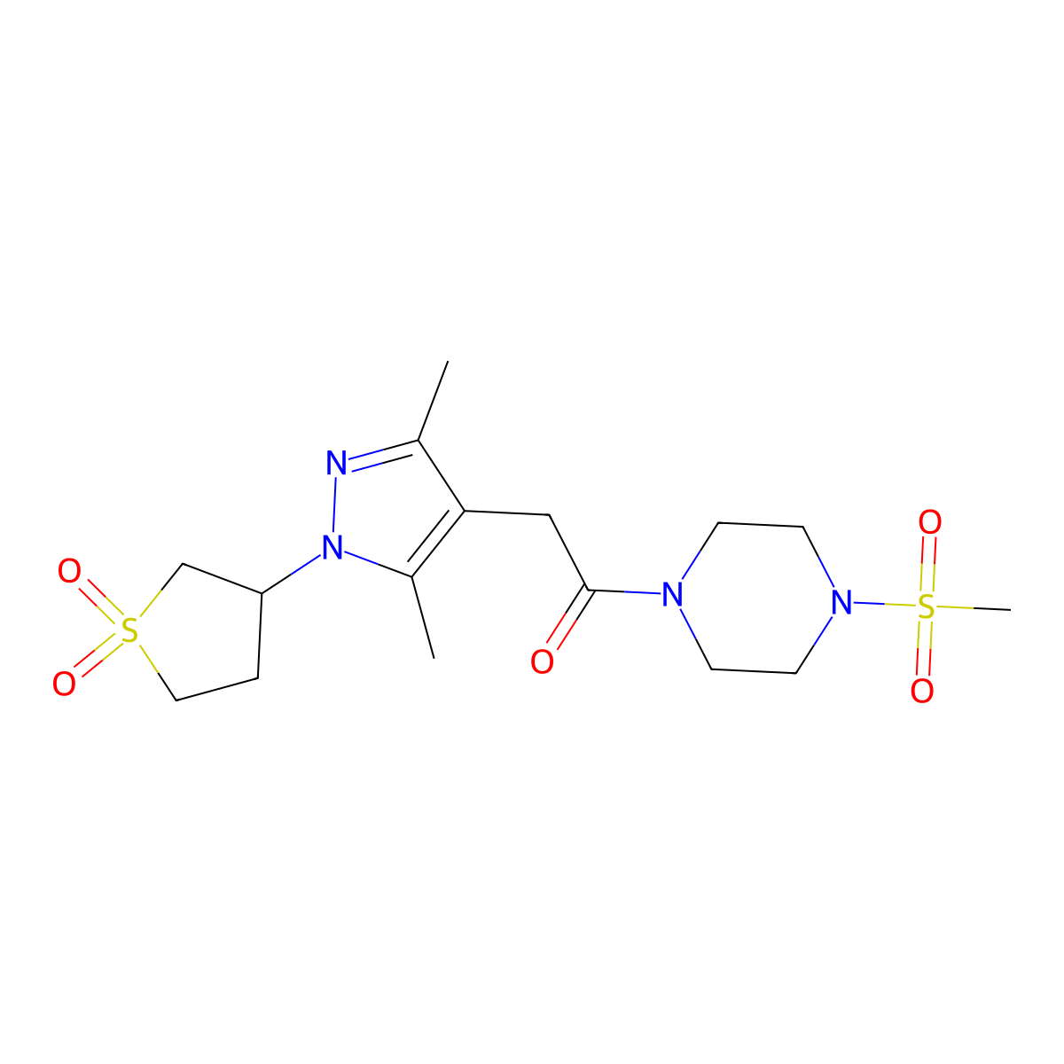 2-(1-(1,1-dioxidotetrahydrothiophen-3-yl)-3,5-dimethyl-1H-pyrazol-4-yl)-1-(4-(methylsulfonyl)piperazin-1-yl)ethanone molecular structure, CAS 1207005-00-2
