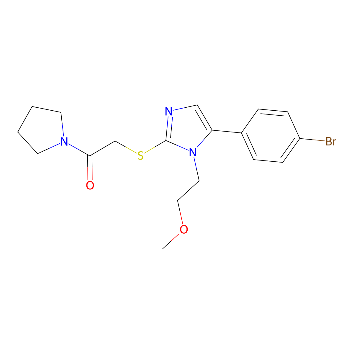 2-((5-(4-bromophenyl)-1-(2-methoxyethyl)-1H-imidazol-2-yl)thio)-1-(pyrrolidin-1-yl)ethanone molecular structure, CAS 1207005-12-6