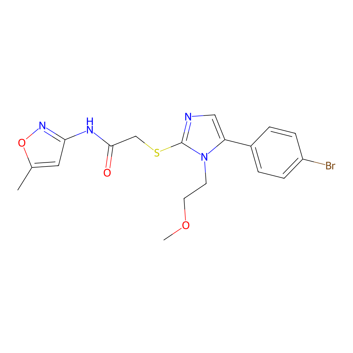 2-((5-(4-bromophenyl)-1-(2-methoxyethyl)-1H-imidazol-2-yl)thio)-N-(5-methylisoxazol-3-yl)acetamide molecular structure, CAS 1207005-22-8