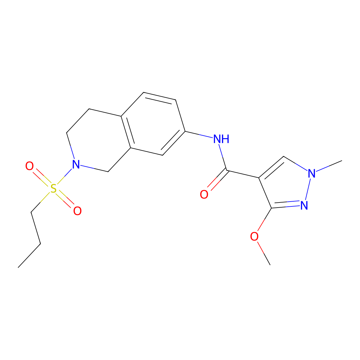 3-methoxy-1-methyl-N-(2-(propylsulfonyl)-1,2,3,4-tetrahydroisoquinolin-7-yl)-1H-pyrazole-4-carboxamide molecular structure, CAS 1207005-24-0