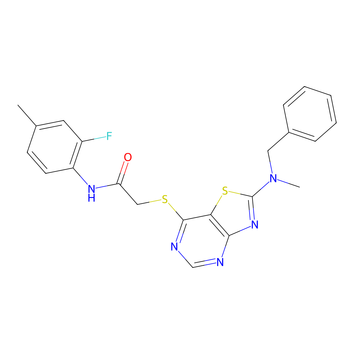 2-((2-(benzyl(methyl)amino)thiazolo[4,5-d]pyrimidin-7-yl)thio)-N-(2-fluoro-4-methylphenyl)acetamide molecular structure, CAS 1207005-28-4