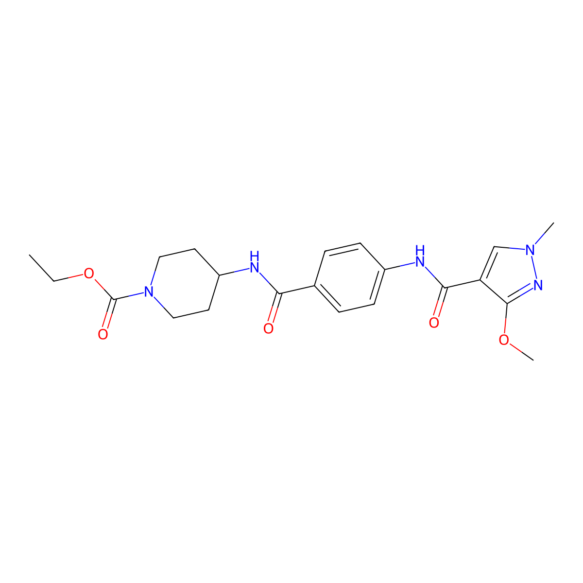 ethyl 4-(4-(3-methoxy-1-methyl-1H-pyrazole-4-carboxamido)benzamido)piperidine-1-carboxylate molecular structure, CAS 1207005-32-0