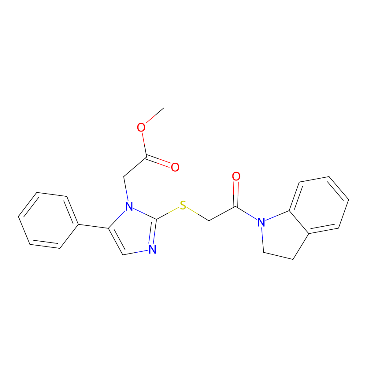 methyl 2-(2-((2-(indolin-1-yl)-2-oxoethyl)thio)-5-phenyl-1H-imidazol-1-yl)acetate molecular structure, CAS 1207005-34-2