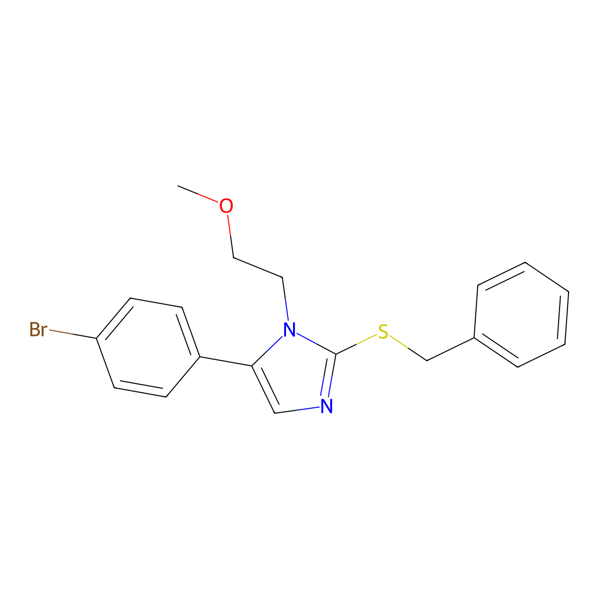 2-(benzylthio)-5-(4-bromophenyl)-1-(2-methoxyethyl)-1H-imidazole molecular structure, CAS 1207005-45-5