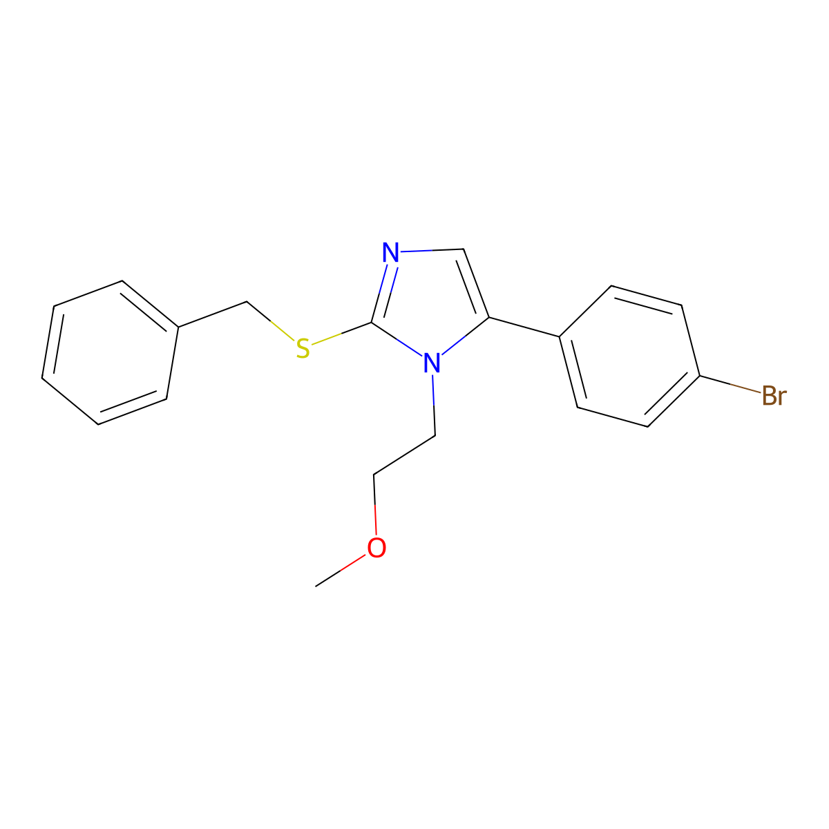 2-(benzylthio)-5-(4-bromophenyl)-1-(2-methoxyethyl)-1H-imidazole molecular structure, CAS 1207005-45-5