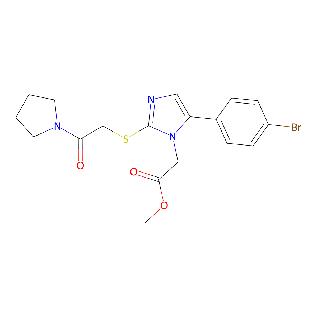 methyl 2-(5-(4-bromophenyl)-2-((2-oxo-2-(pyrrolidin-1-yl)ethyl)thio)-1H-imidazol-1-yl)acetate molecular structure, CAS 1207005-58-0