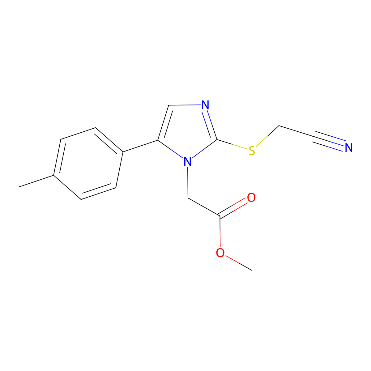 methyl 2-(2-((cyanomethyl)thio)-5-(p-tolyl)-1H-imidazol-1-yl)acetate molecular structure, CAS 1207005-67-1