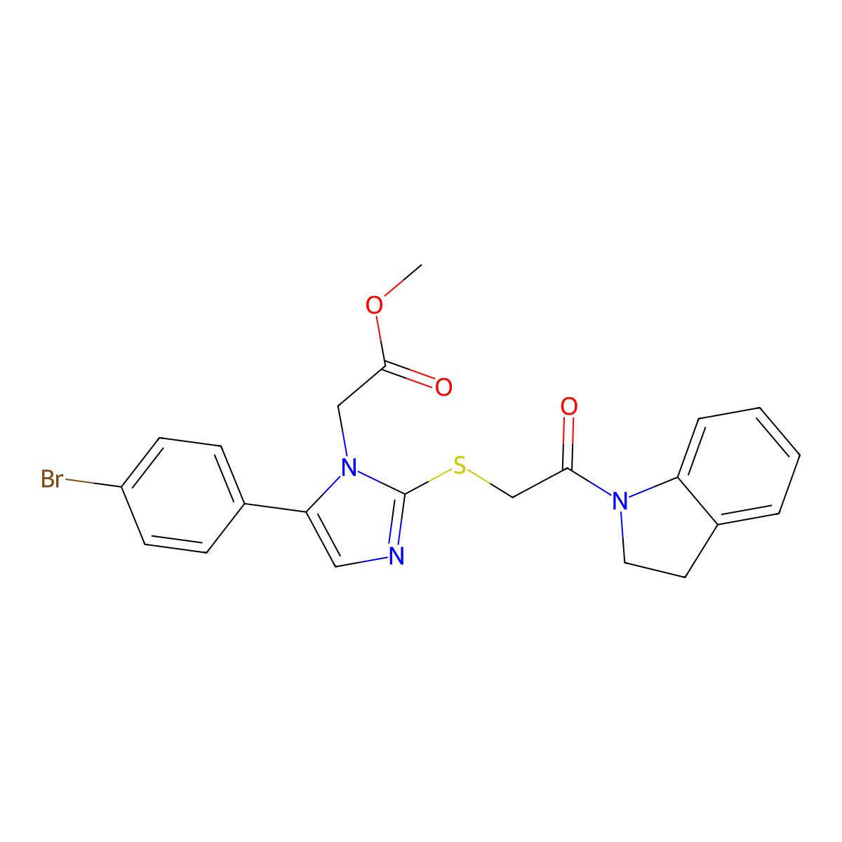 methyl 2-(5-(4-bromophenyl)-2-((2-(indolin-1-yl)-2-oxoethyl)thio)-1H-imidazol-1-yl)acetate molecular structure, CAS 1207005-70-6