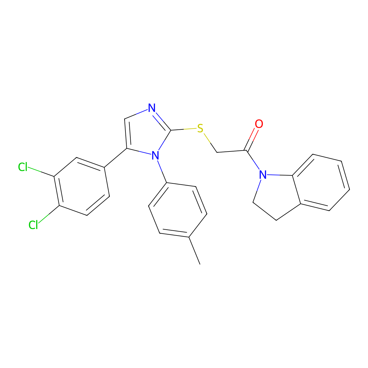 2-((5-(3,4-dichlorophenyl)-1-(p-tolyl)-1H-imidazol-2-yl)thio)-1-(indolin-1-yl)ethanone molecular structure, CAS 1207005-76-2