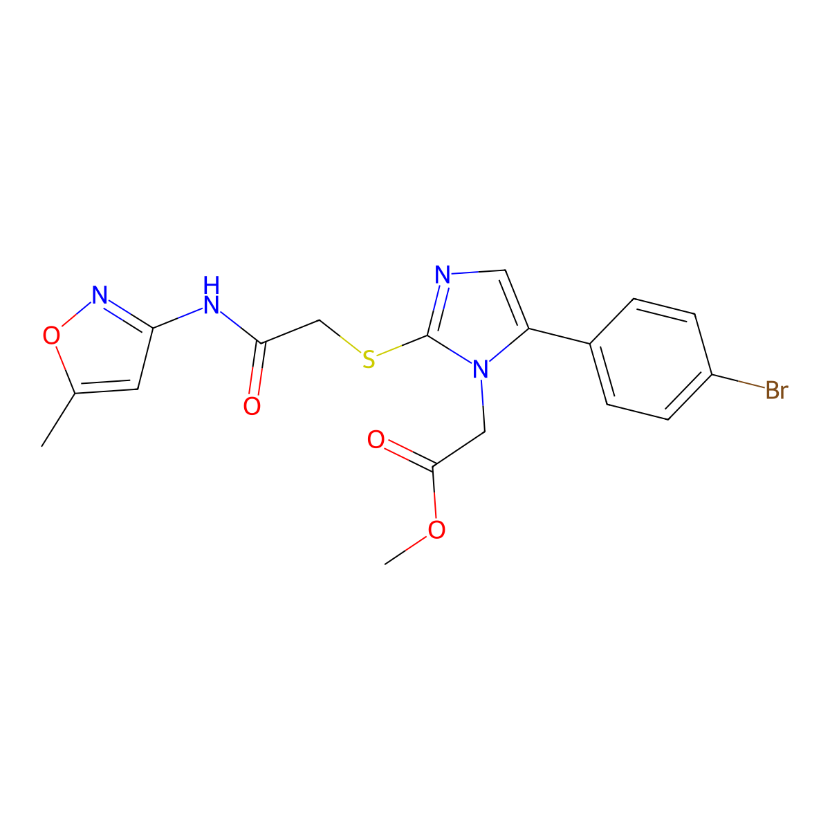 methyl 2-(5-(4-bromophenyl)-2-((2-((5-methylisoxazol-3-yl)amino)-2-oxoethyl)thio)-1H-imidazol-1-yl)acetate molecular structure, CAS 1207005-80-8