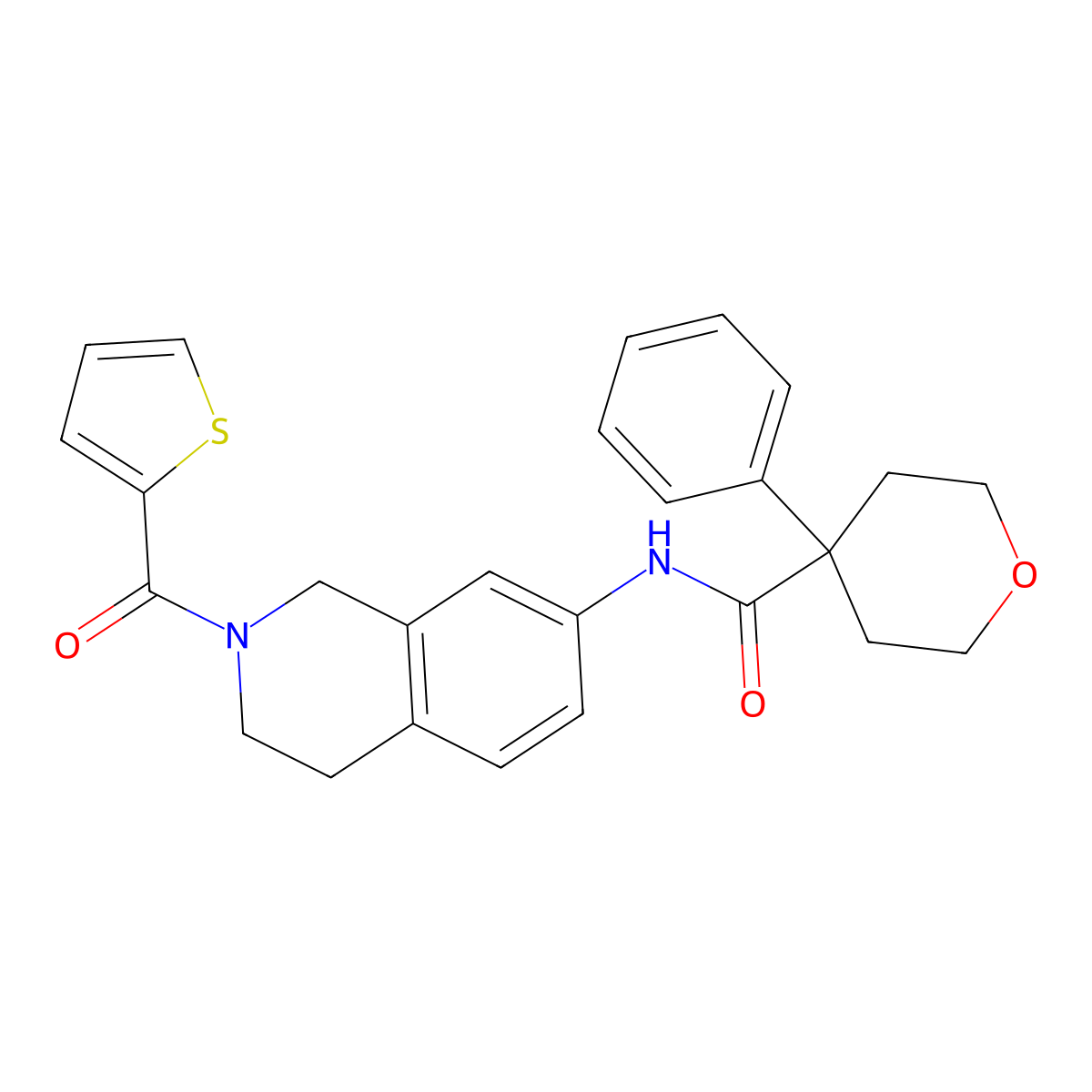 4-phenyl-N-(2-(thiophene-2-carbonyl)-1,2,3,4-tetrahydroisoquinolin-7-yl)tetrahydro-2H-pyran-4-carboxamide molecular structure, CAS 1207006-46-9