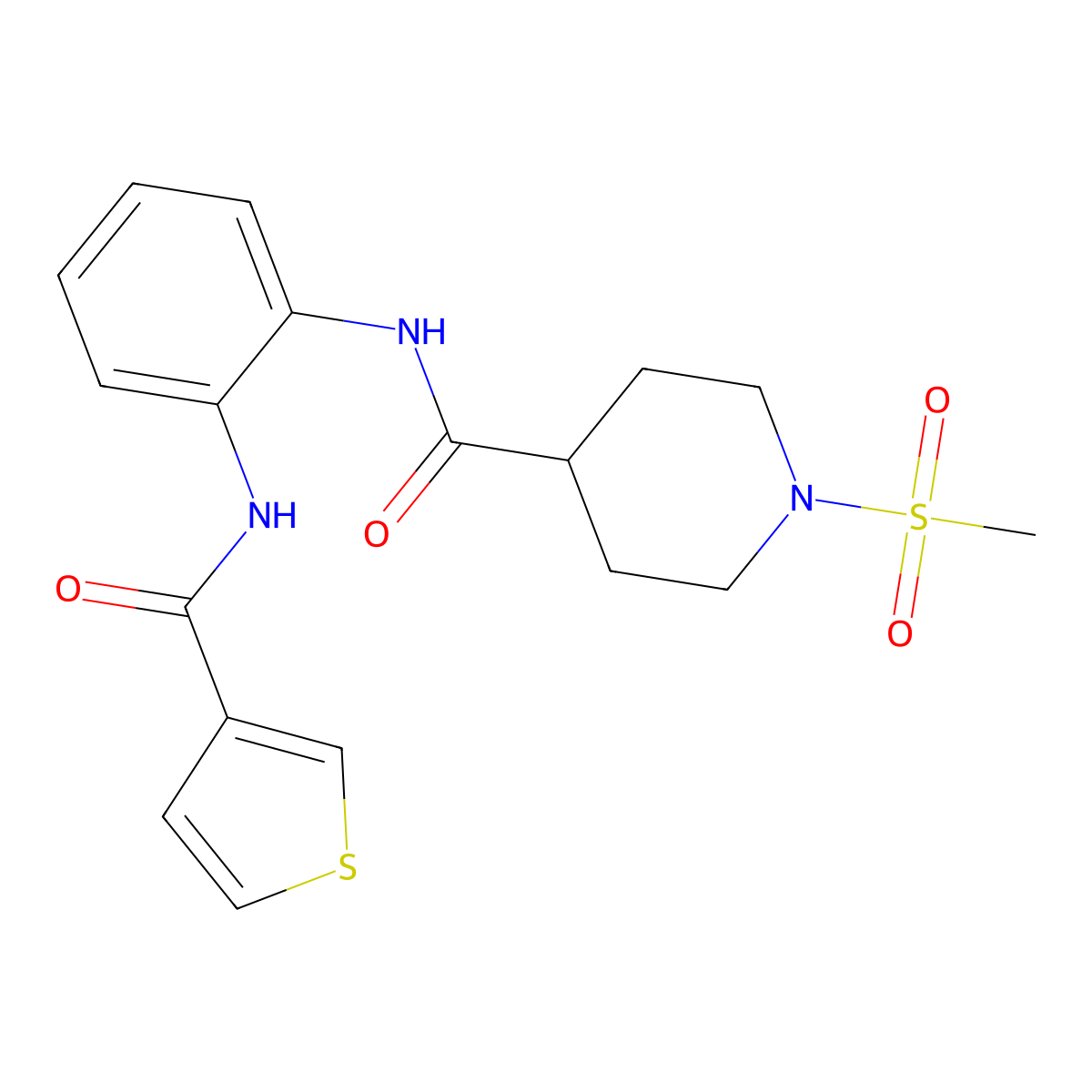 1-(methylsulfonyl)-N-(2-(thiophene-3-carboxamido)phenyl)piperidine-4-carboxamide molecular structure, CAS 1207006-65-2