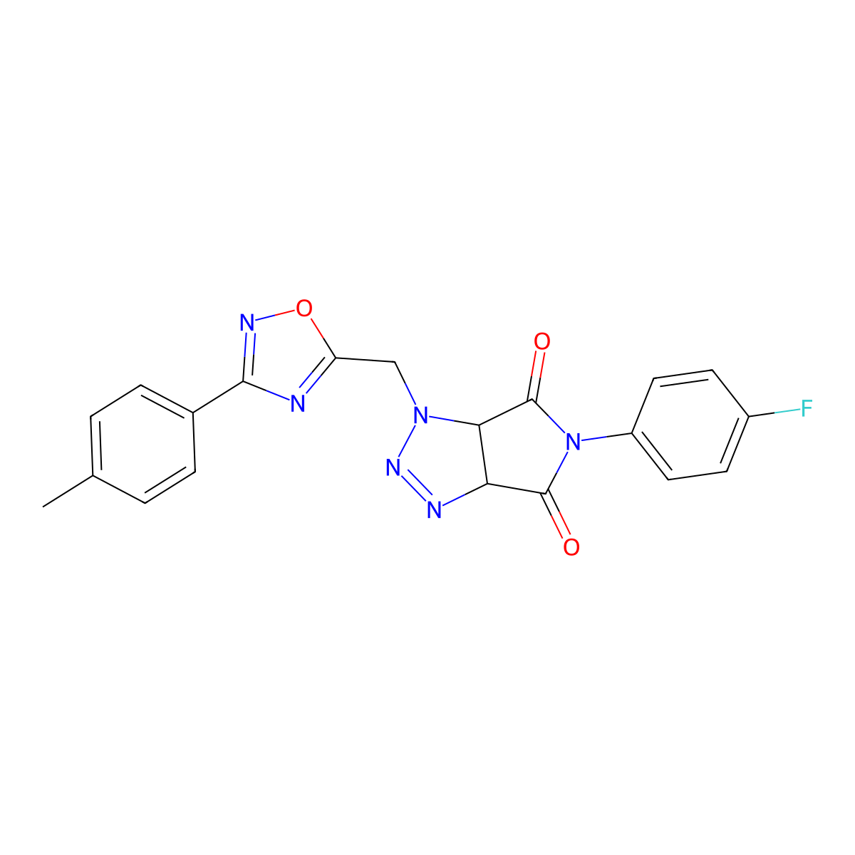 5-(4-fluorophenyl)-1-((3-(p-tolyl)-1,2,4-oxadiazol-5-yl)methyl)-1,6a-dihydropyrrolo[3,4-d][1,2,3]triazole-4,6(3aH,5H)-dione molecular structure, CAS 1207006-75-4