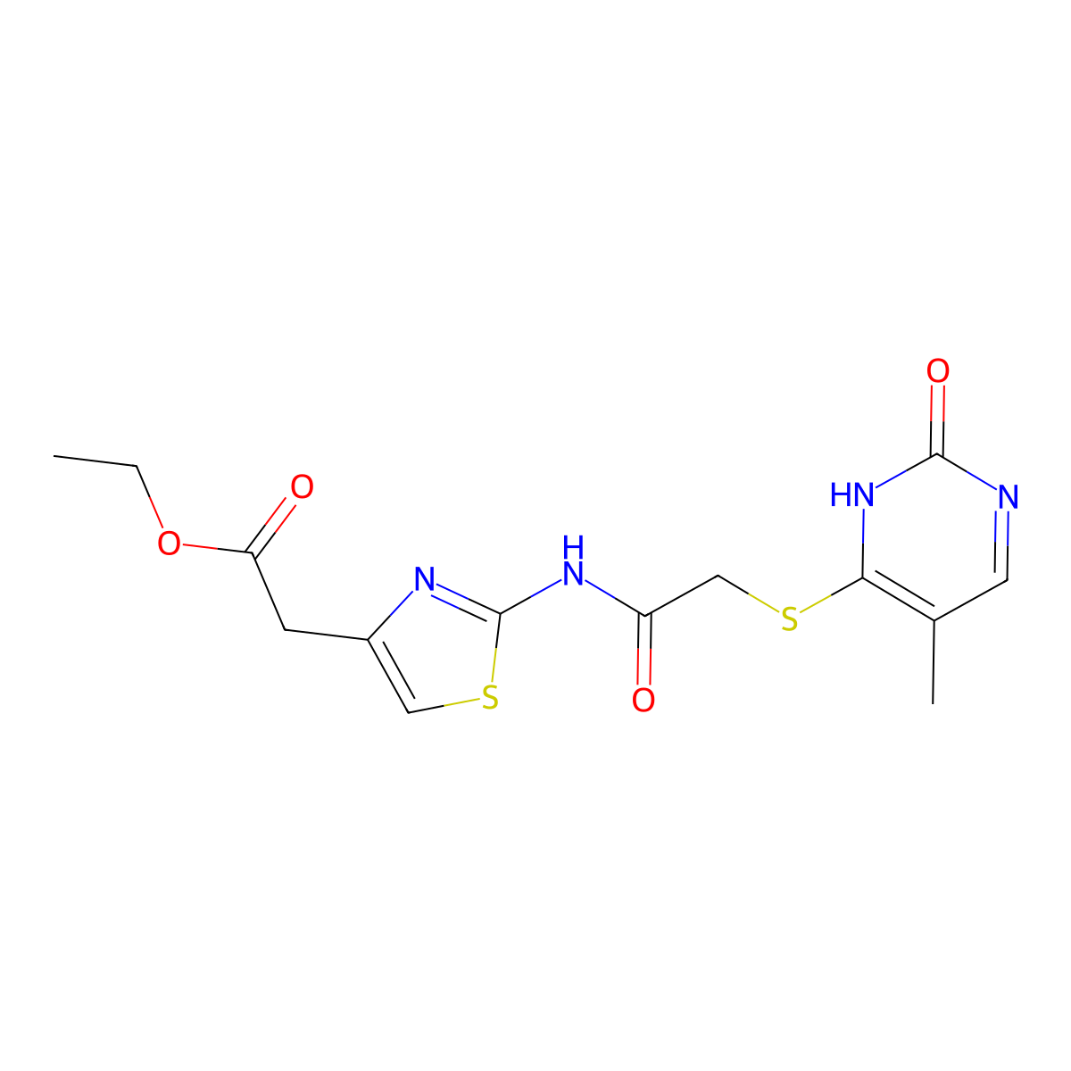Ethyl 2-(2-(2-((5-methyl-2-oxo-1,2-dihydropyrimidin-4-yl)thio)acetamido)thiazol-4-yl)acetate molecular structure, CAS 1207006-83-4