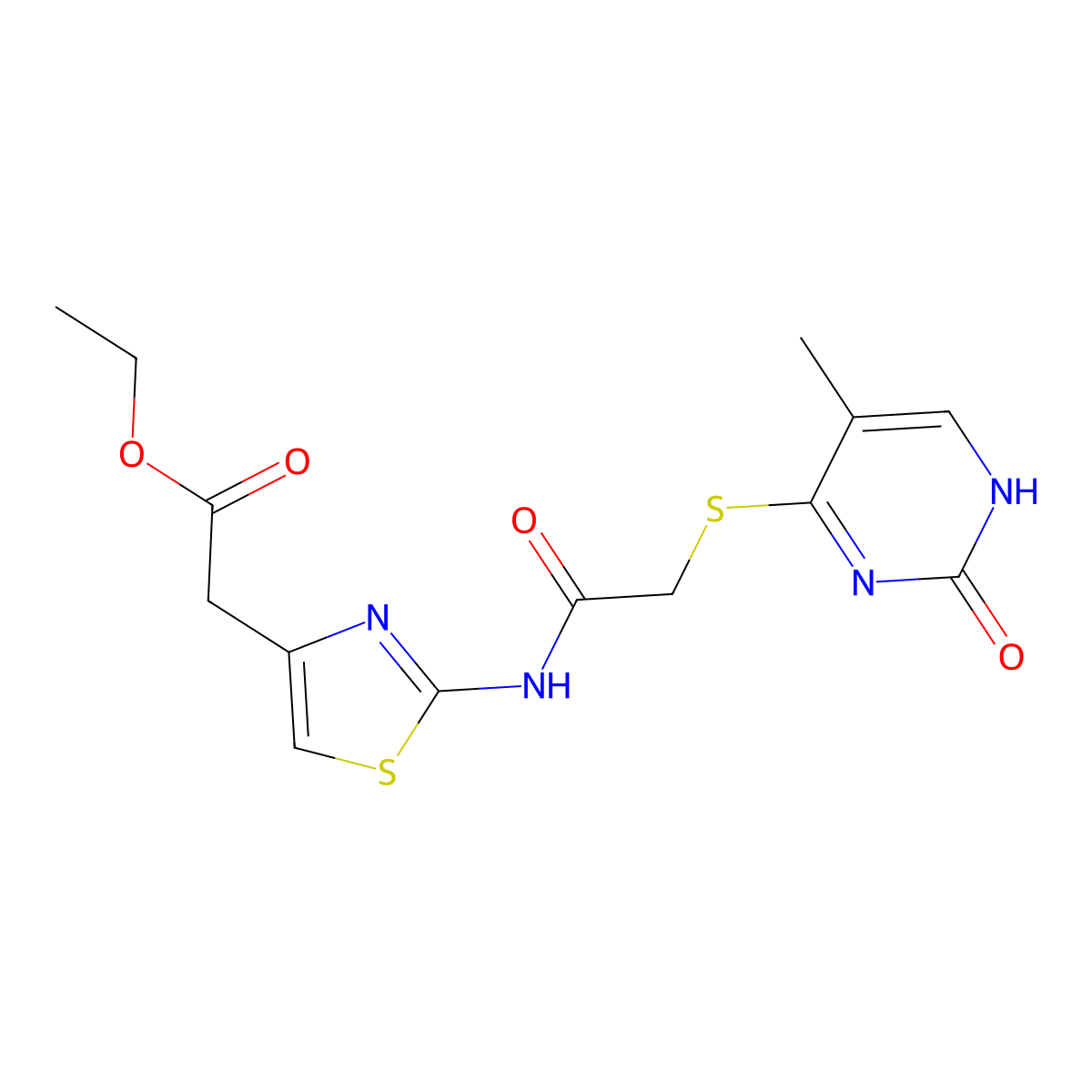Ethyl 2-(2-(2-((5-methyl-2-oxo-1,2-dihydropyrimidin-4-yl)thio)acetamido)thiazol-4-yl)acetate molecular structure, CAS 1207006-83-4