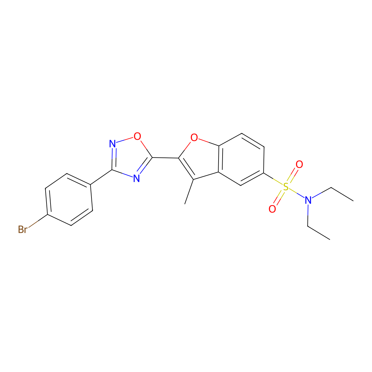 2-[3-(4-bromophenyl)-1,2,4-oxadiazol-5-yl]-N,N-diethyl-3-methyl-1-benzofuran-5-sulfonamide molecular structure, CAS 1207006-94-7