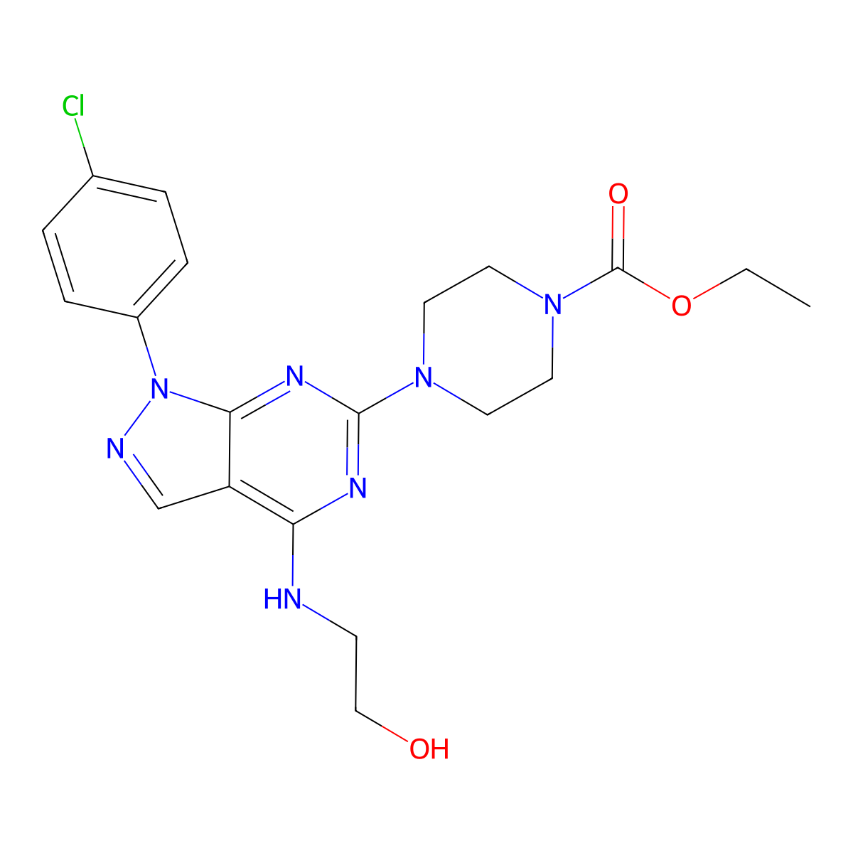 ethyl 4-(1-(4-chlorophenyl)-4-((2-hydroxyethyl)amino)-1H-pyrazolo[3,4-d]pyrimidin-6-yl)piperazine-1-carboxylate molecular structure, CAS 1207006-96-9