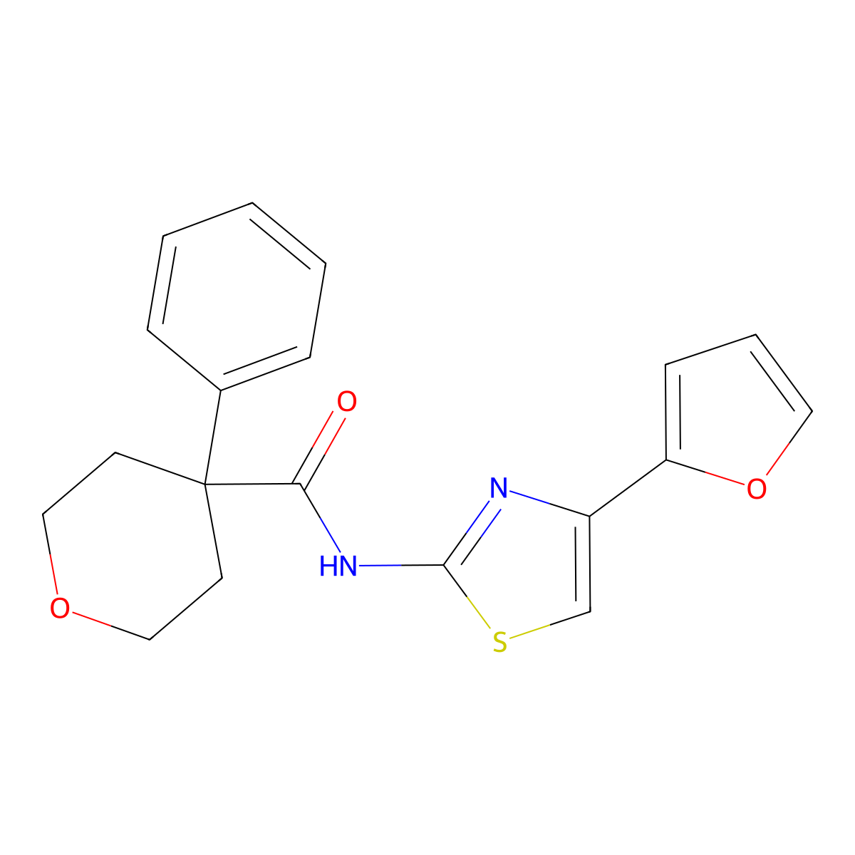 N-(4-(furan-2-yl)thiazol-2-yl)-4-phenyltetrahydro-2H-pyran-4-carboxamide molecular structure, CAS 1207007-14-4