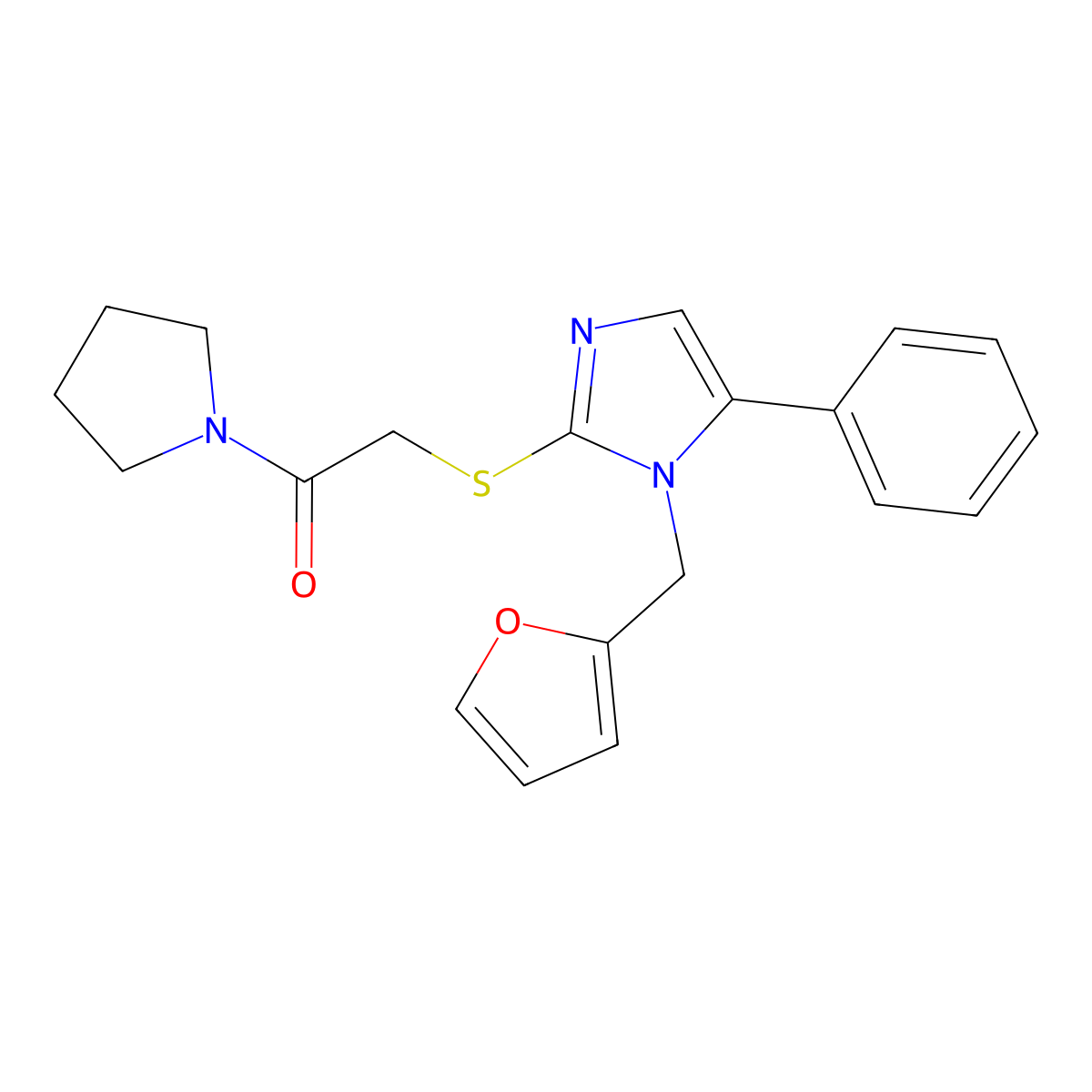 2-((1-(furan-2-ylmethyl)-5-phenyl-1H-imidazol-2-yl)thio)-1-(pyrrolidin-1-yl)ethanone molecular structure, CAS 1207007-18-8