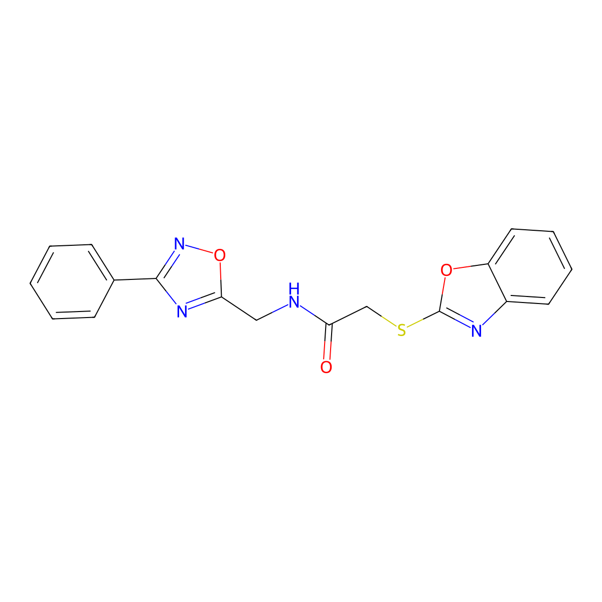 2-(benzo[d]oxazol-2-ylthio)-N-((3-phenyl-1,2,4-oxadiazol-5-yl)methyl)acetamide molecular structure, CAS 1207007-20-2