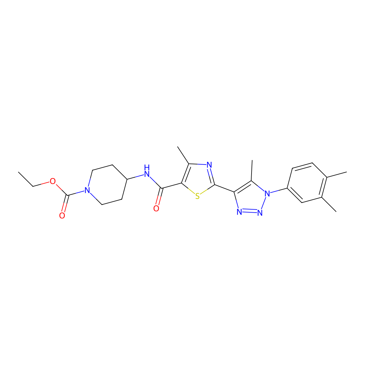 ethyl 4-(2-(1-(3,4-dimethylphenyl)-5-methyl-1H-1,2,3-triazol-4-yl)-4-methylthiazole-5-carboxamido)piperidine-1-carboxylate molecular structure, CAS 1207007-21-3
