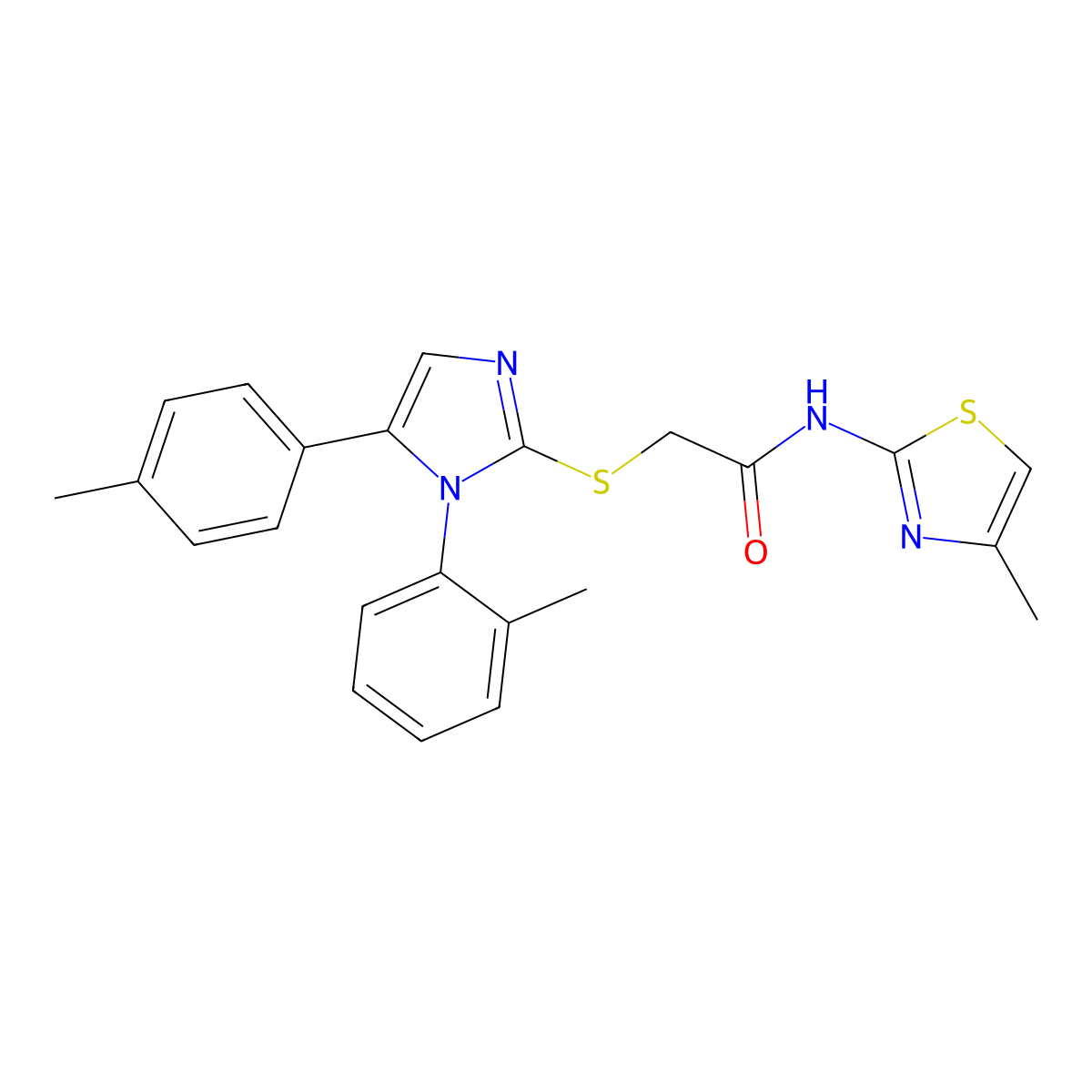 N-(4-methylthiazol-2-yl)-2-((1-(o-tolyl)-5-(p-tolyl)-1H-imidazol-2-yl)thio)acetamide molecular structure, CAS 1207007-24-6