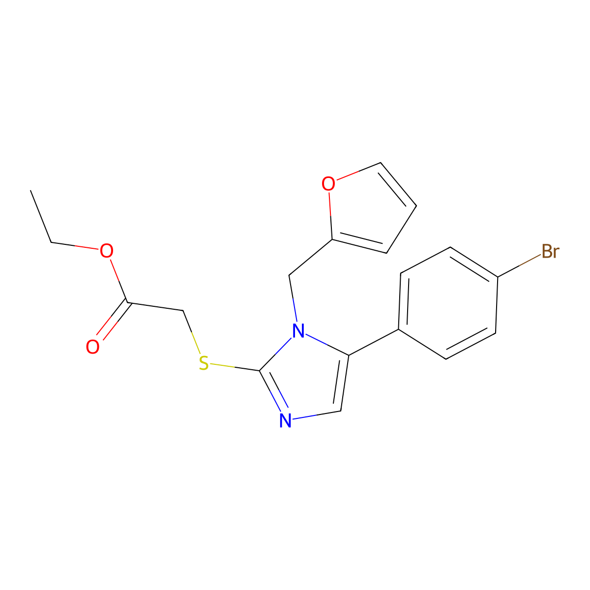 ethyl 2-((5-(4-bromophenyl)-1-(furan-2-ylmethyl)-1H-imidazol-2-yl)thio)acetate molecular structure, CAS 1207007-27-9