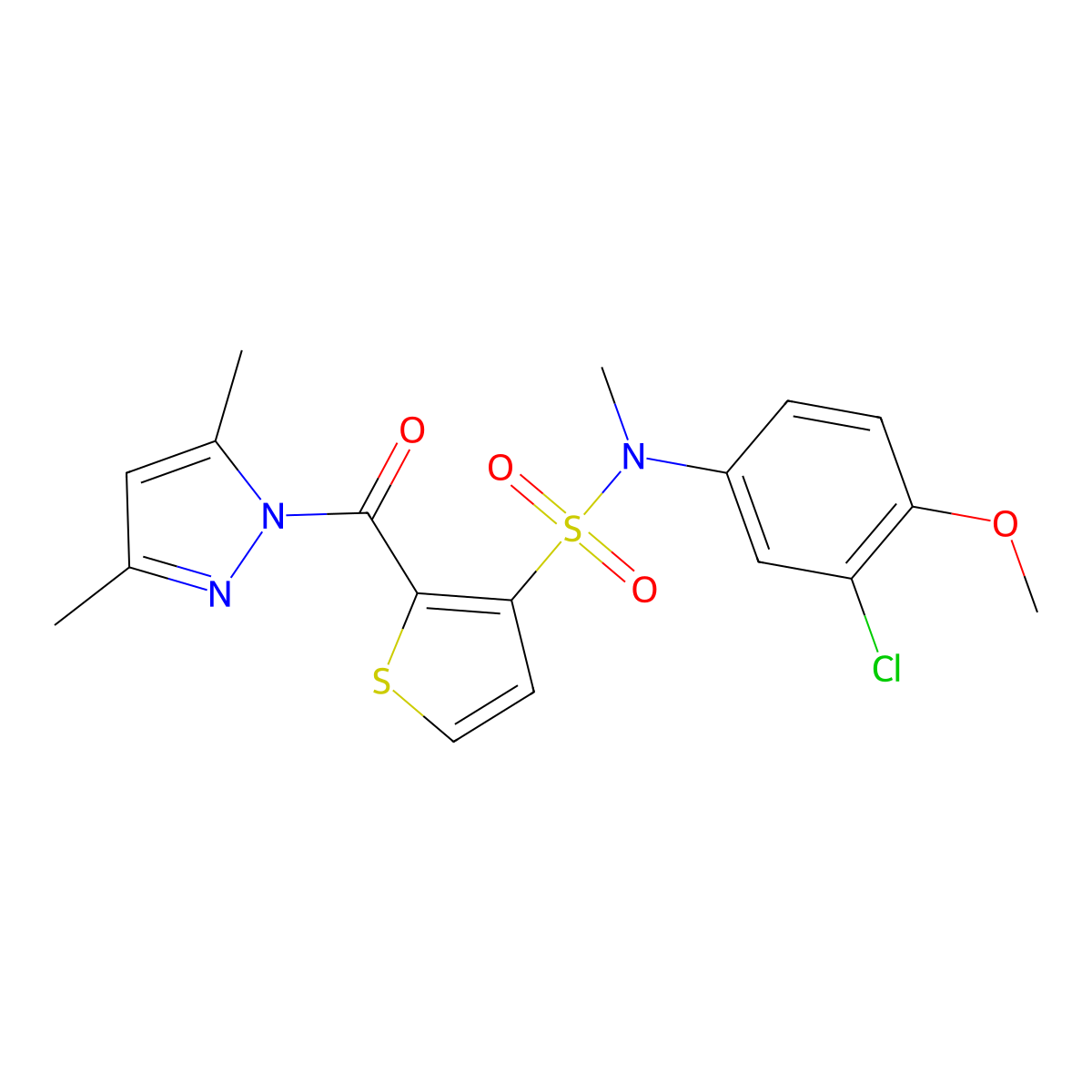 N-(3-chloro-4-methoxyphenyl)-2-(3,5-dimethyl-1H-pyrazole-1-carbonyl)-N-methylthiophene-3-sulfonamide molecular structure, CAS 1207007-46-2