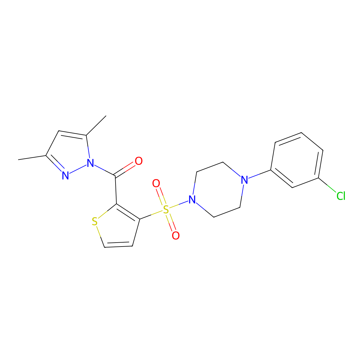 (3-{[4-(3-chlorophenyl)piperazin-1-yl]sulfonyl}thiophen-2-yl)(3,5-dimethyl-1H-pyrazol-1-yl)methanone molecular structure, CAS 1207007-62-2