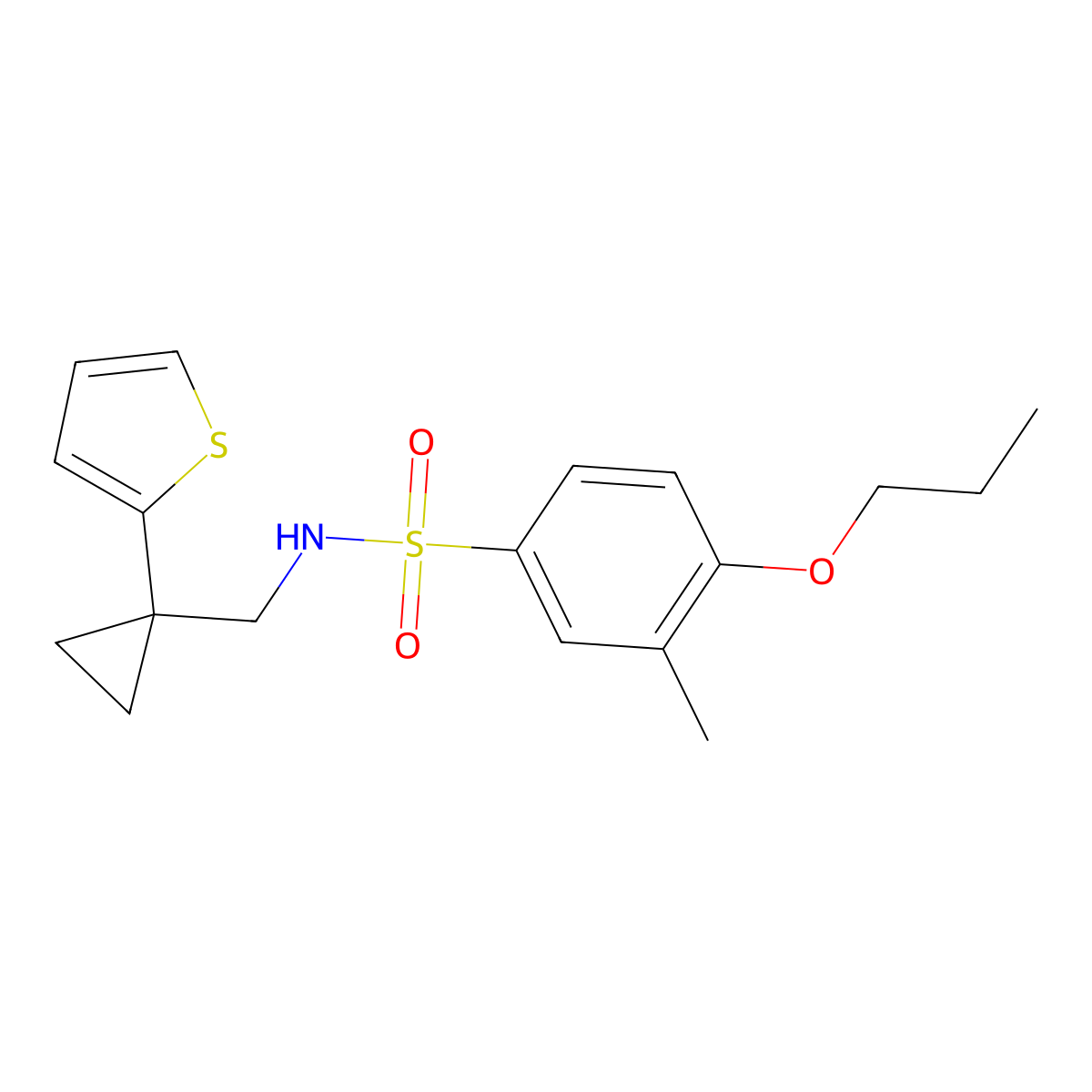 3-methyl-4-propoxy-N-((1-(thiophen-2-yl)cyclopropyl)methyl)benzenesulfonamide molecular structure, CAS 1207007-68-8