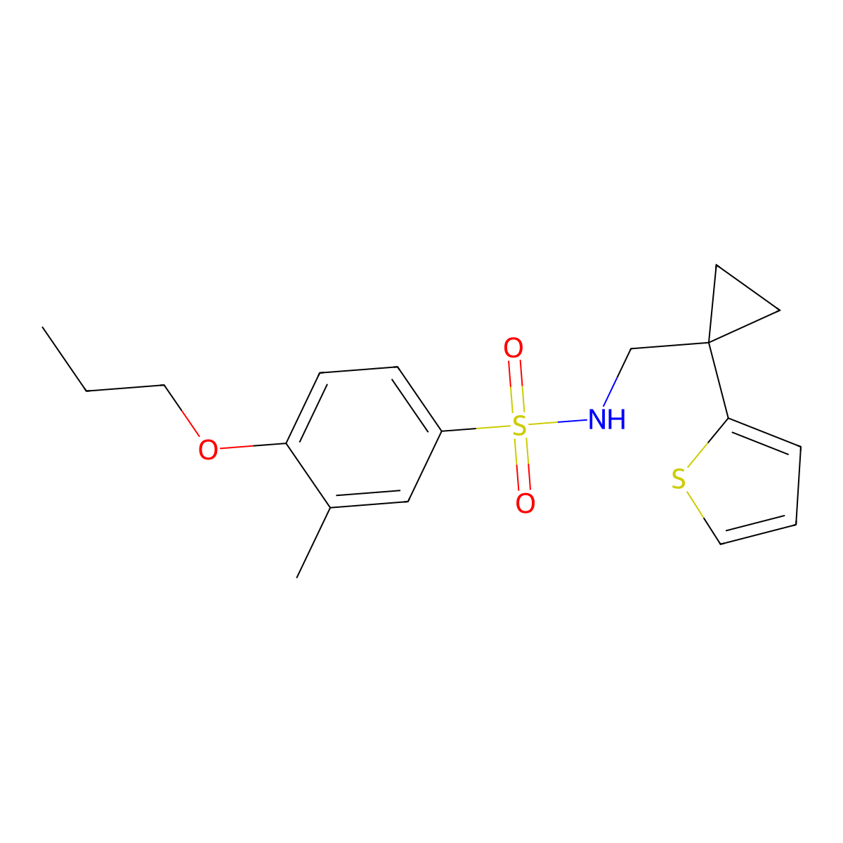 3-methyl-4-propoxy-N-((1-(thiophen-2-yl)cyclopropyl)methyl)benzenesulfonamide molecular structure, CAS 1207007-68-8
