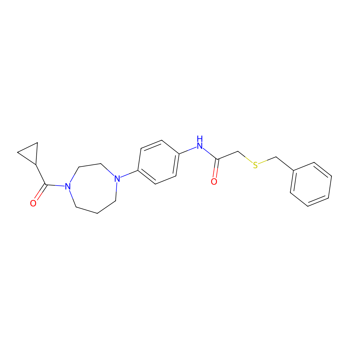 2-(benzylthio)-N-(4-(4-(cyclopropanecarbonyl)-1,4-diazepan-1-yl)phenyl)acetamide molecular structure, CAS 1207007-78-0