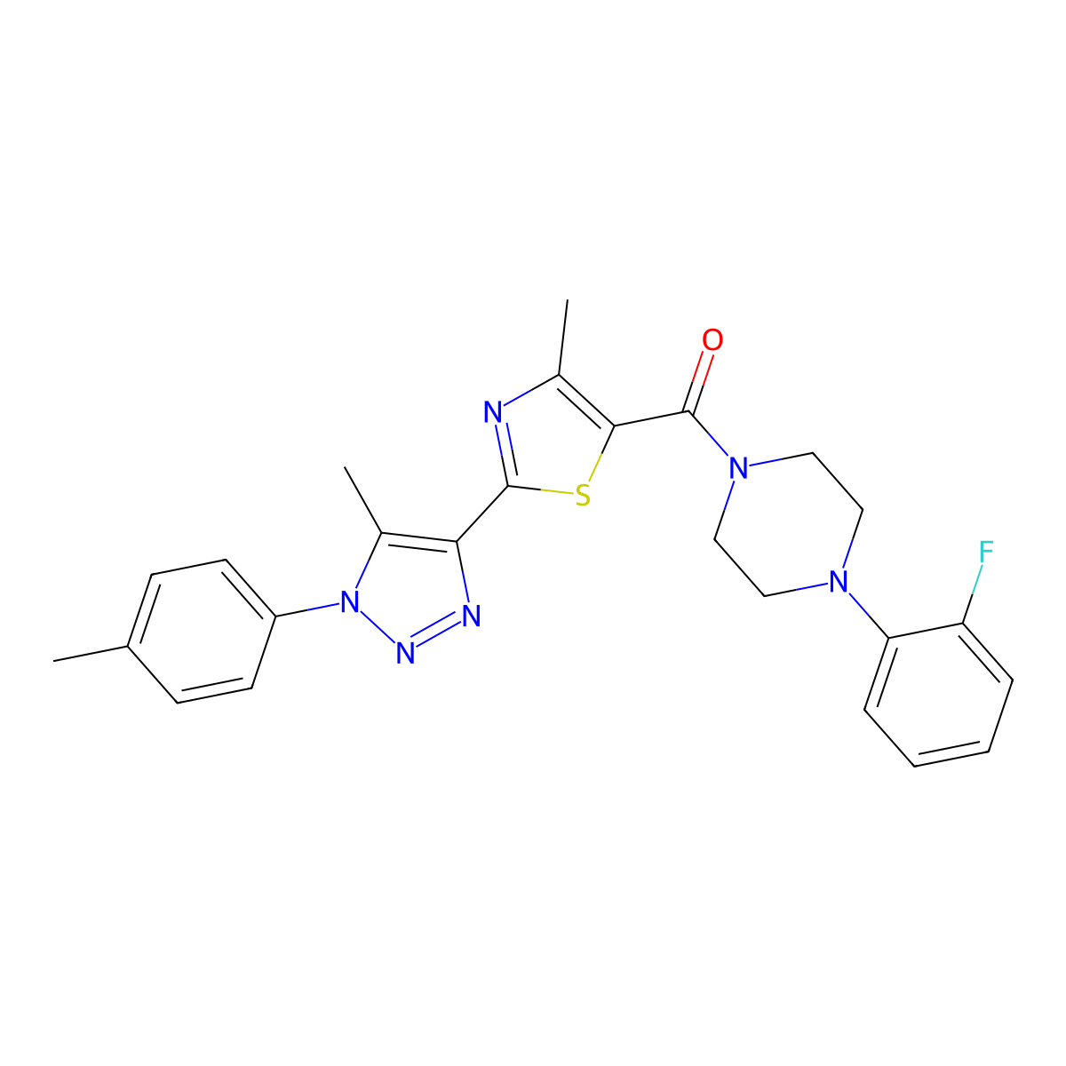 (4-(2-fluorophenyl)piperazin-1-yl)(4-methyl-2-(5-methyl-1-(p-tolyl)-1H-1,2,3-triazol-4-yl)thiazol-5-yl)methanone molecular structure, CAS 1207007-81-5