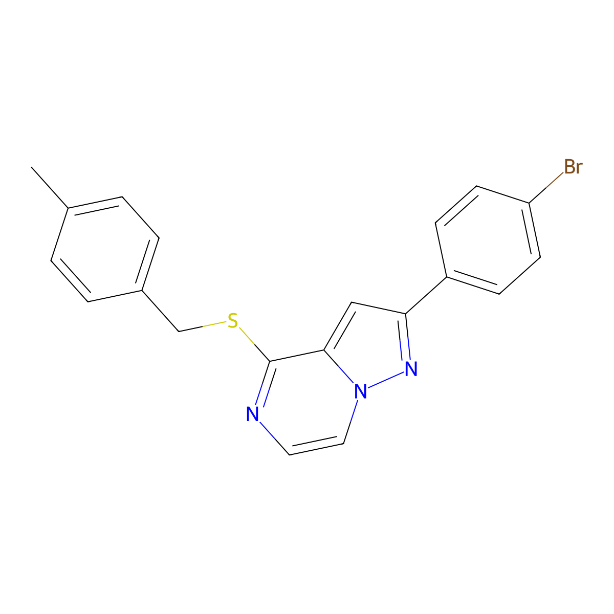 2-(4-Bromophenyl)-4-[(4-methylbenzyl)thio]pyrazolo[1,5-a]pyrazine molecular structure, CAS 1207007-89-3