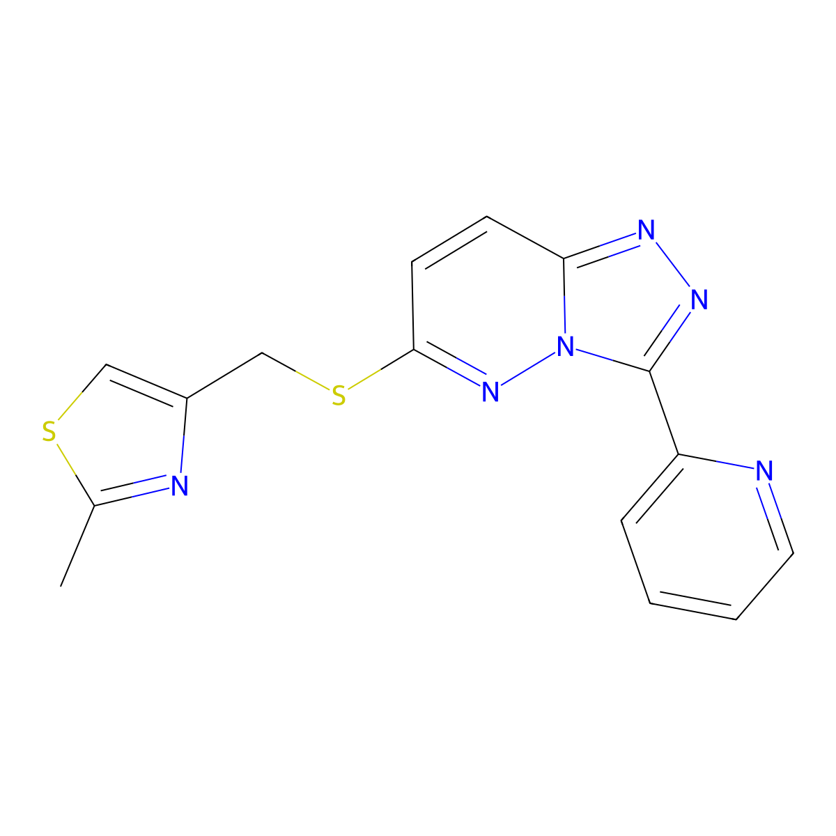 2-Methyl-4-(((3-(pyridin-2-yl)-[1,2,4]triazolo[4,3-b]pyridazin-6-yl)thio)methyl)thiazole molecular structure, CAS 1207008-04-5