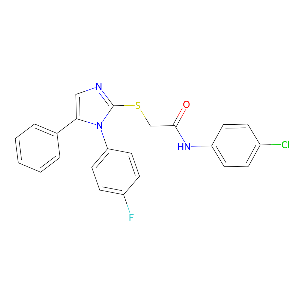 N-(4-chlorophenyl)-2-((1-(4-fluorophenyl)-5-phenyl-1H-imidazol-2-yl)thio)acetamide molecular structure, CAS 1207008-30-7