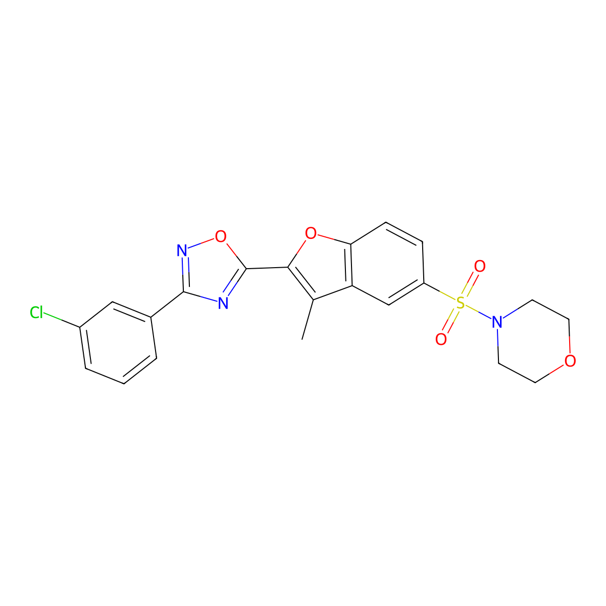 4-({2-[3-(3-Chlorophenyl)-1,2,4-oxadiazol-5-yl]-3-methyl-1-benzofuran-5-yl}sulfonyl)morpholine molecular structure, CAS 1207008-32-9