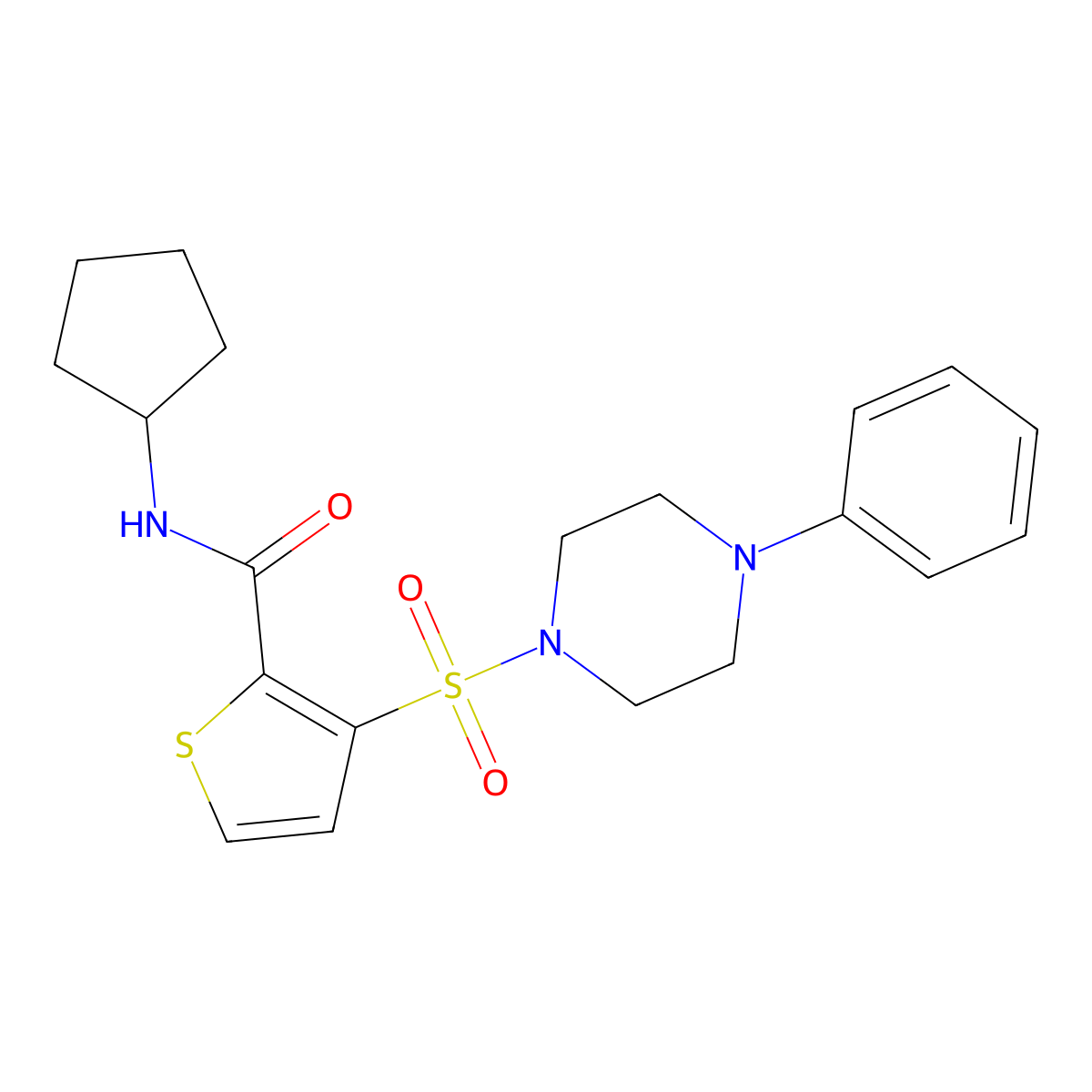 N-cyclopentyl-3-((4-phenylpiperazin-1-yl)sulfonyl)thiophene-2-carboxamide molecular structure, CAS 1207008-50-1