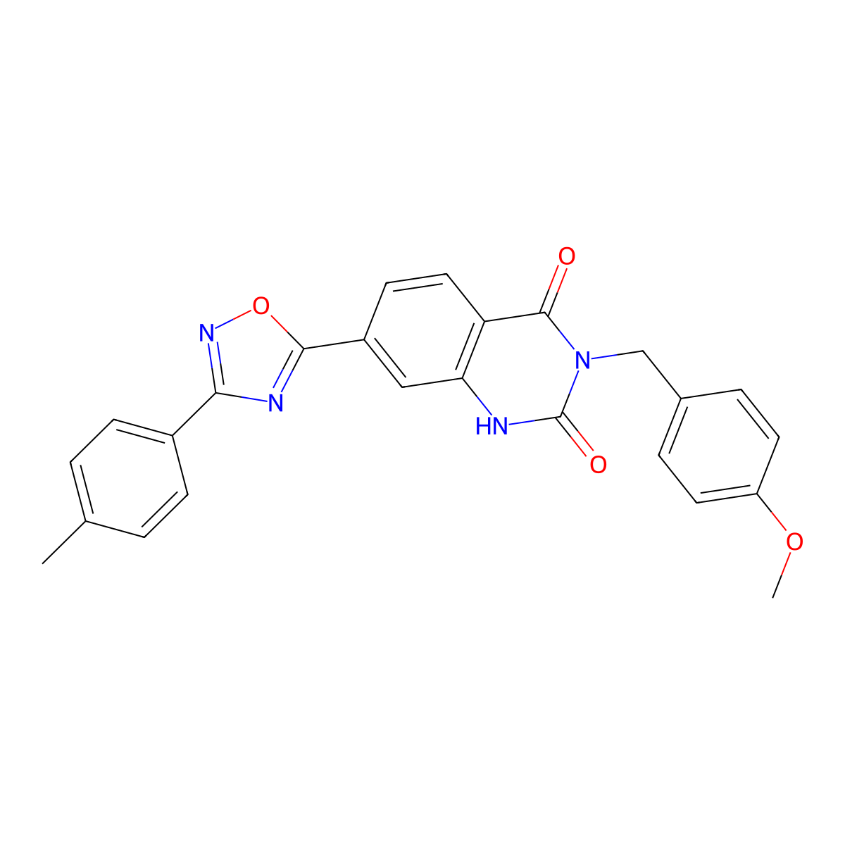 3-(4-methoxybenzyl)-7-(3-(p-tolyl)-1,2,4-oxadiazol-5-yl)quinazoline-2,4(1H,3H)-dione molecular structure, CAS 1207008-61-4