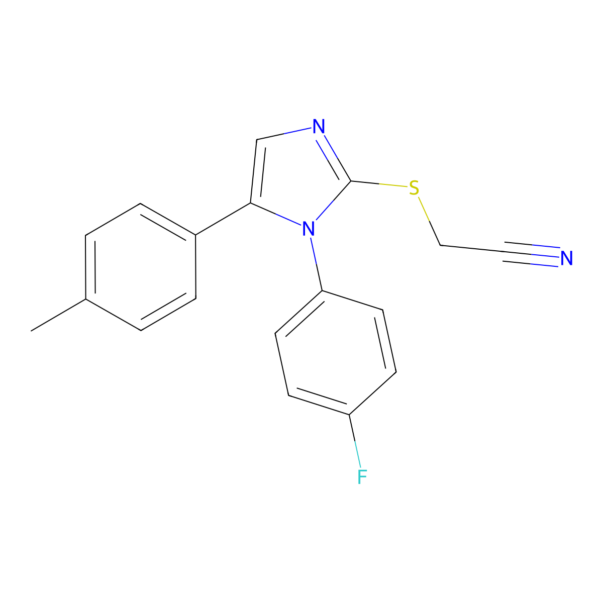 2-((1-(4-fluorophenyl)-5-(p-tolyl)-1H-imidazol-2-yl)thio)acetonitrile molecular structure, CAS 1207008-63-6