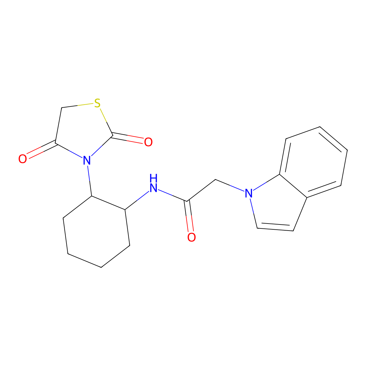 N-(2-(2,4-dioxothiazolidin-3-yl)cyclohexyl)-2-(1H-indol-1-yl)acetamide molecular structure, CAS 1207008-67-0